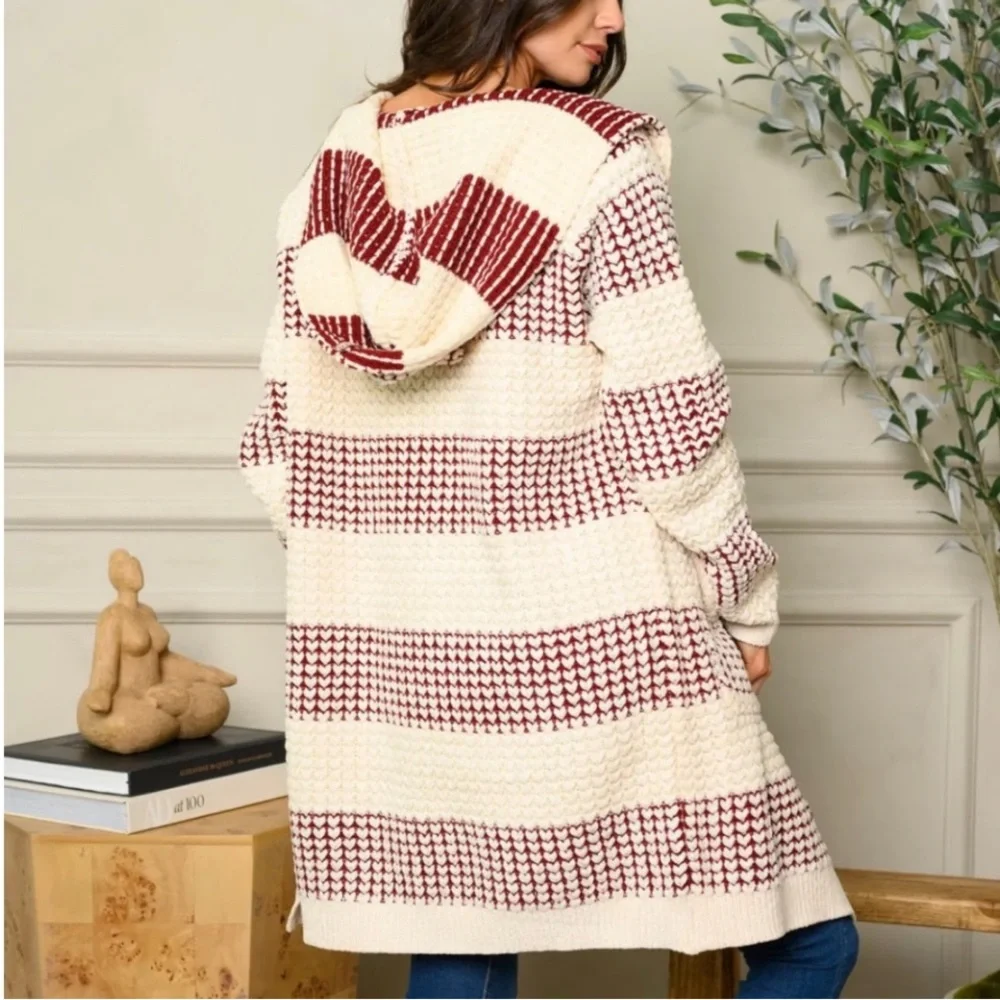 NWT Fate Anthropologie Thick Knit Hooded Long Length Striped Open Cardigan Sz S - Picture 2 of 4